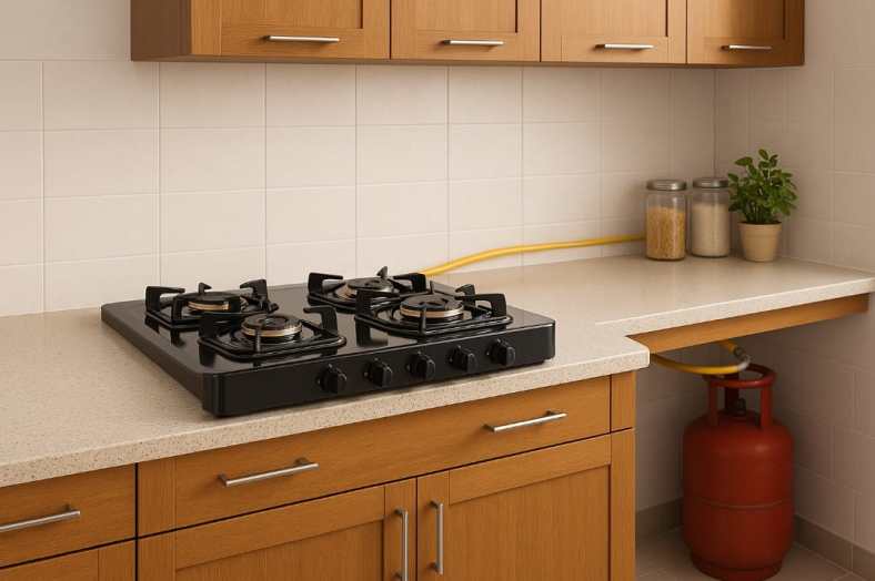 4-burner gas stove placement in Kitchen