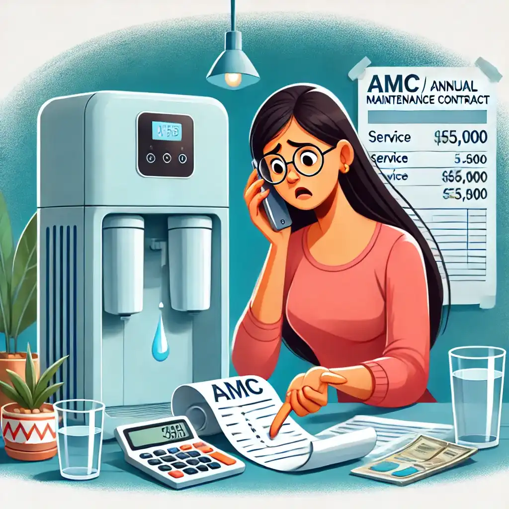 A worried woman checking the AMC price of her water purifier while holding a phone
