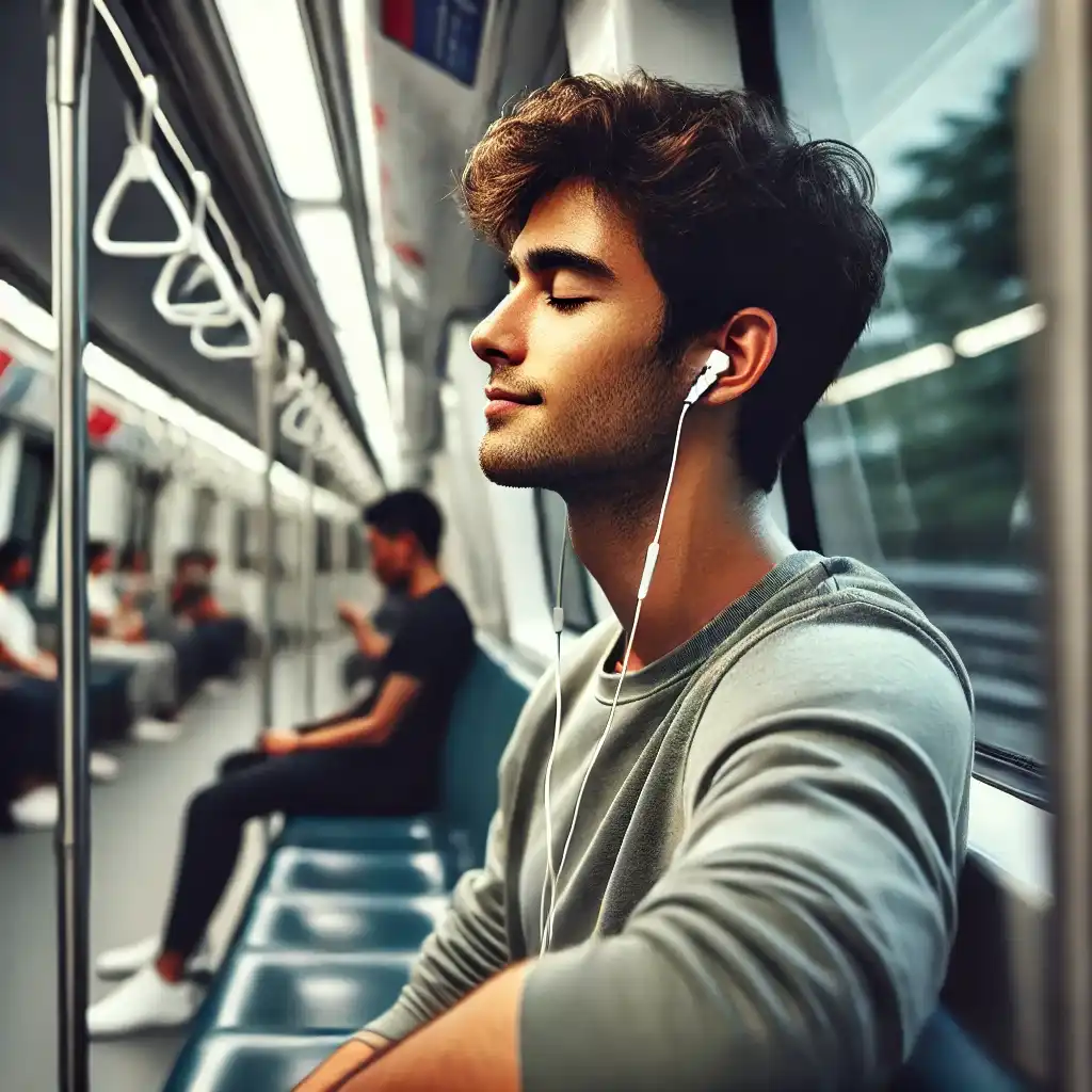 A young man wearing wired earphones