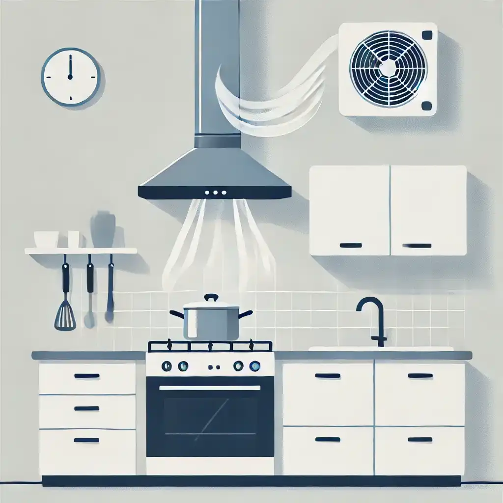 Indian kitchen with an exhaust fan actively removing smoke and fumes