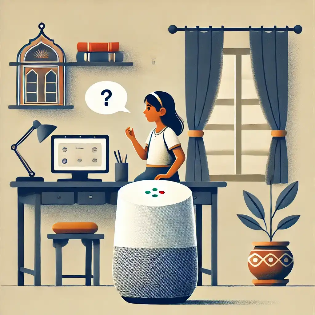 a Google Nest smart speaker placed on a desk,kid asking question