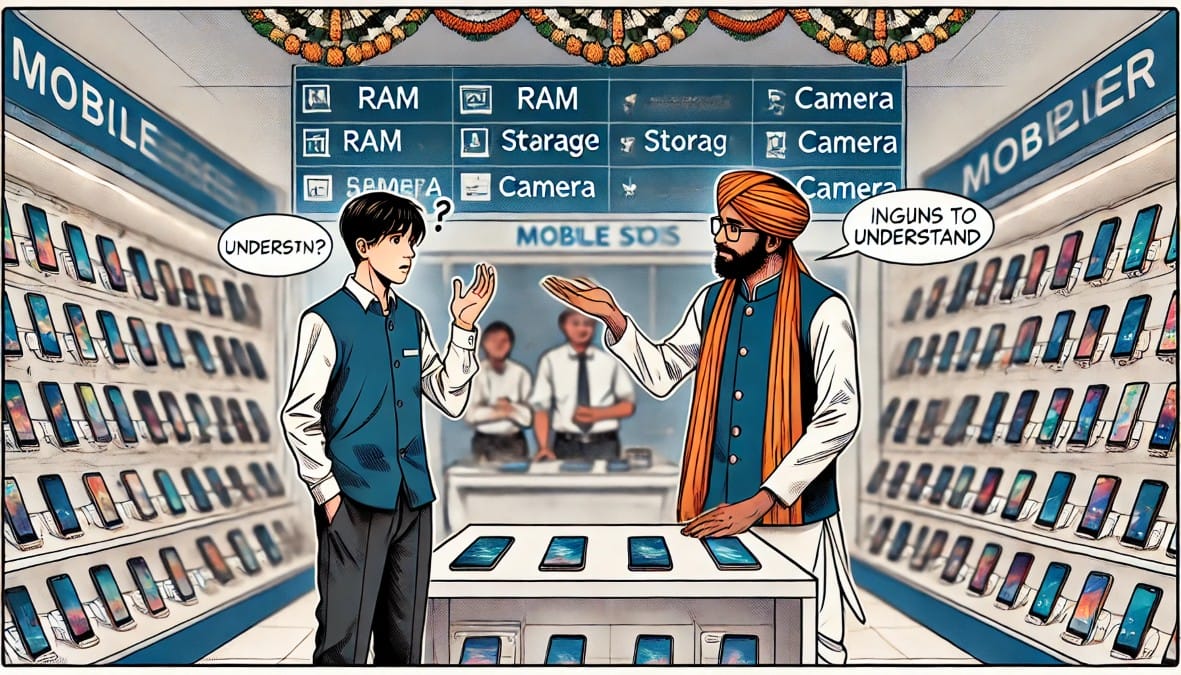 a buyer standing in a mobile store, looking confused while reading phone specifications