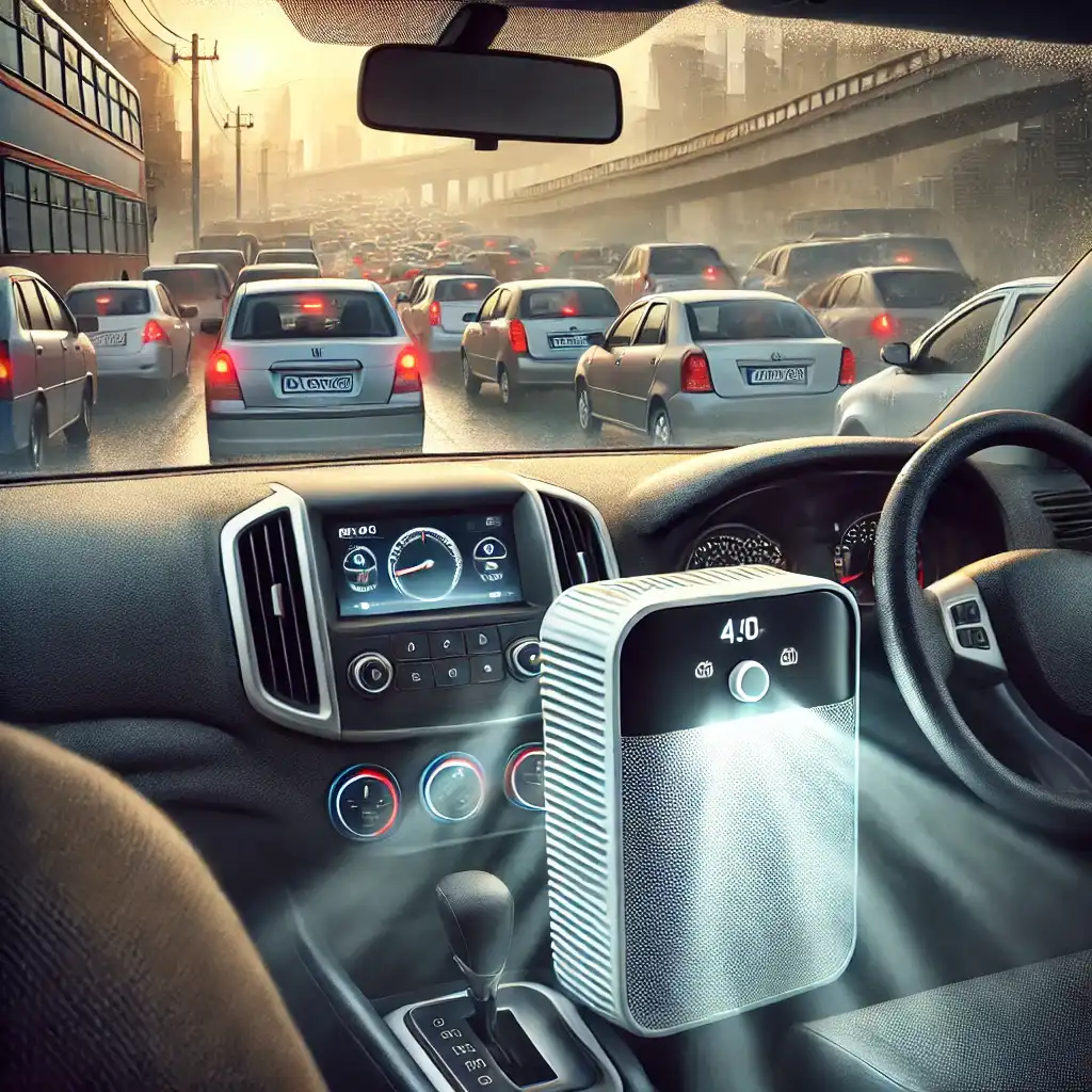a car stuck in heavy traffic, with an air purifier running inside