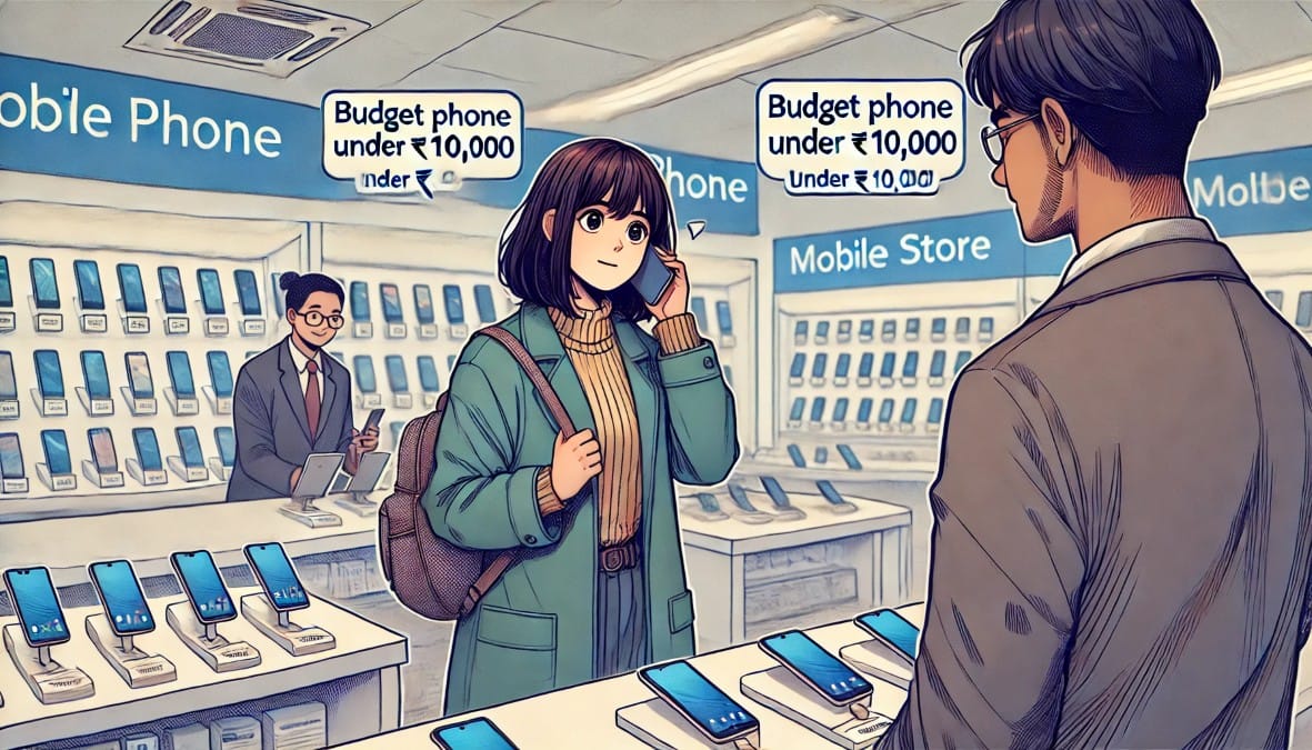 a college student standing inside a mobile phone store looking for a reliable budget phone