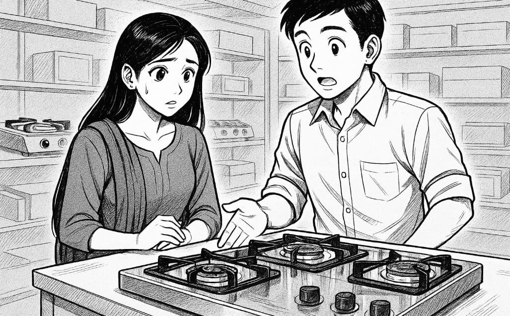 a couple in store checking gas stove with 3 burner