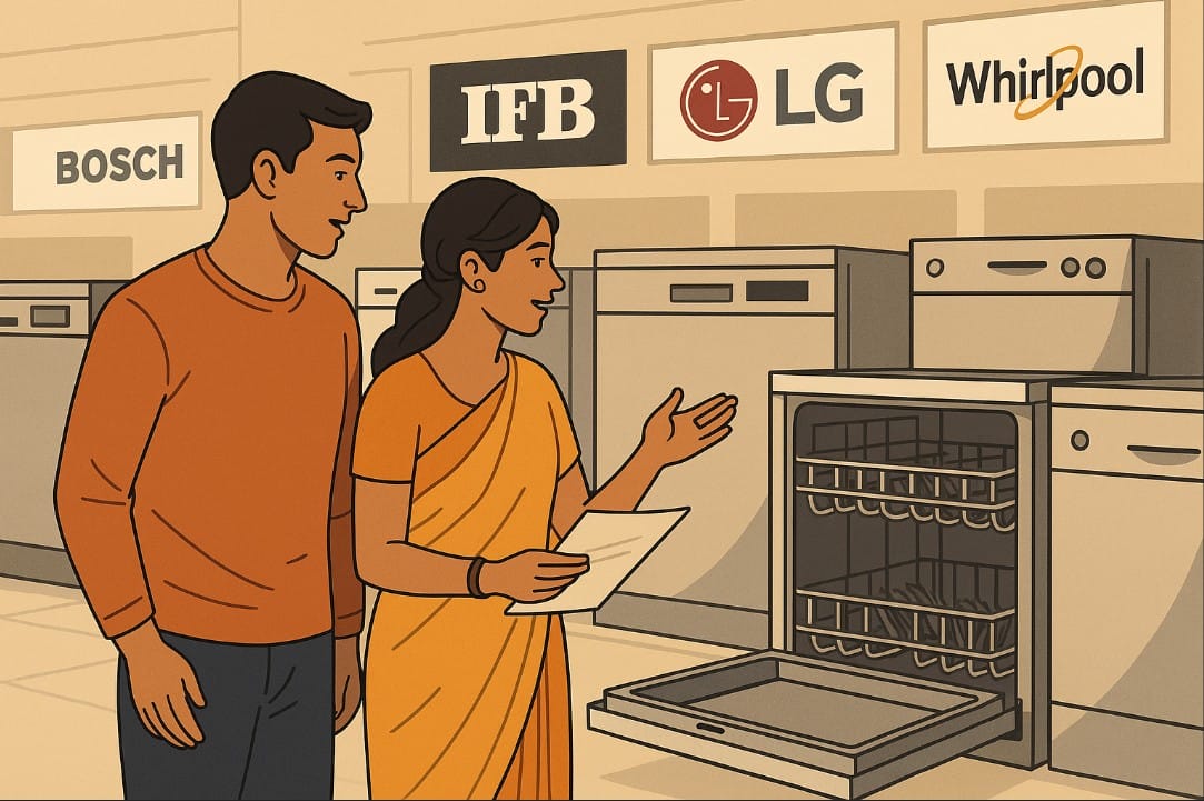 a family checking different brands dishwasher in shop