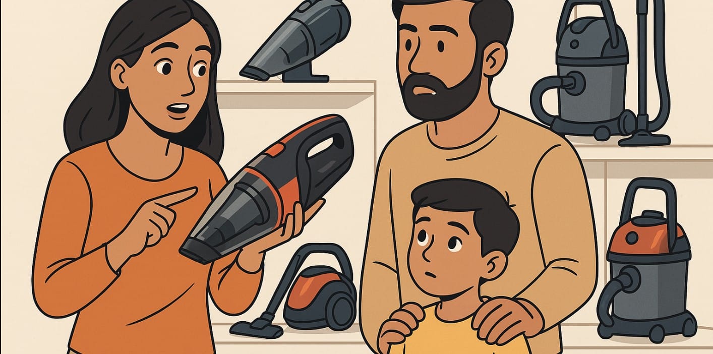 a family checking out handheld vacuum cleaner