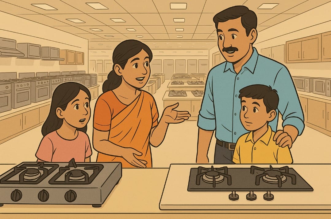 a family discussing gas stove vs built-in hob