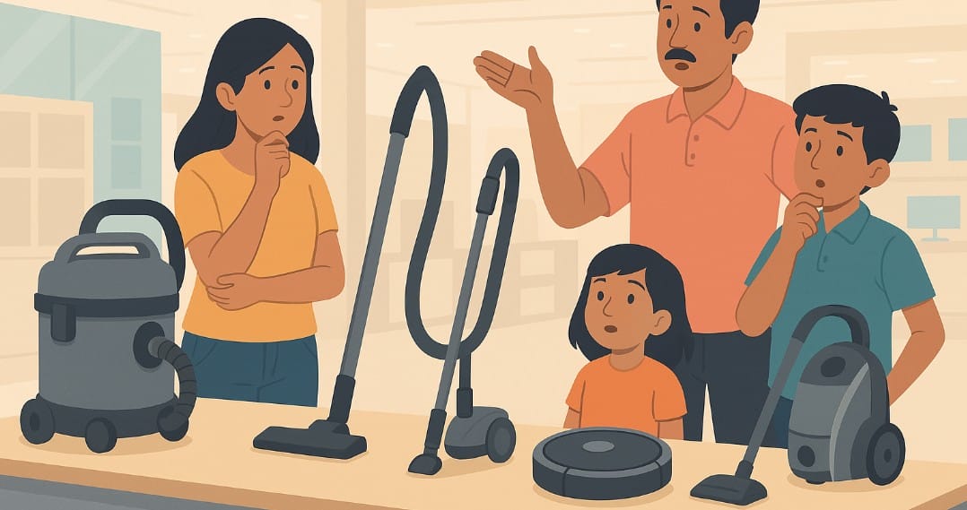 a family in store checking out different type of vacuum cleaner