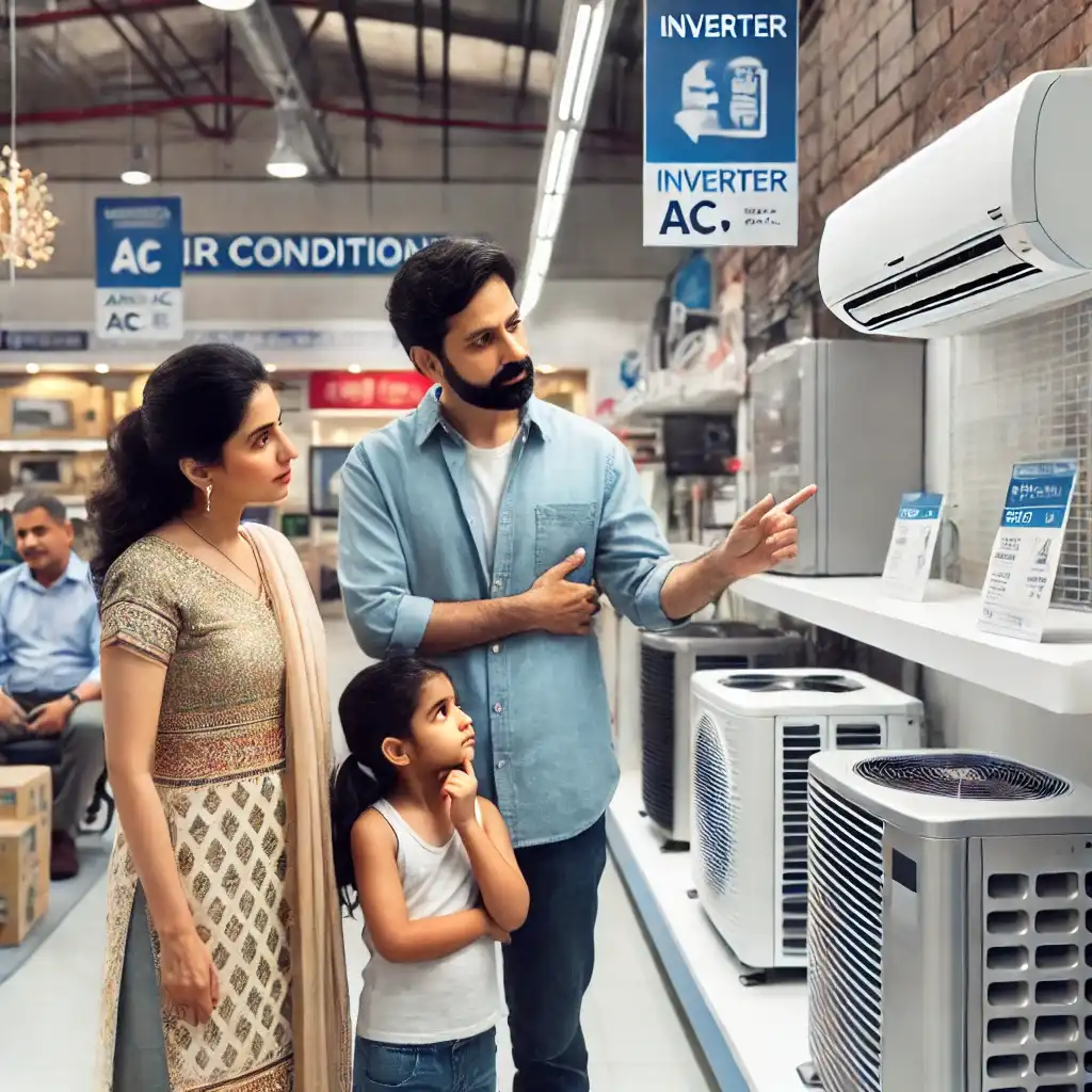 a family selecting inverter ac in appliance store
