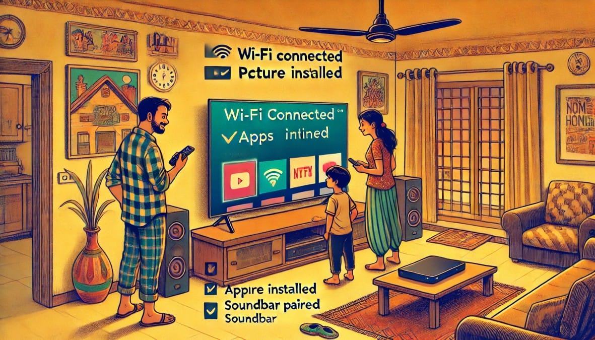 a family setting up their new smart TV in a living room