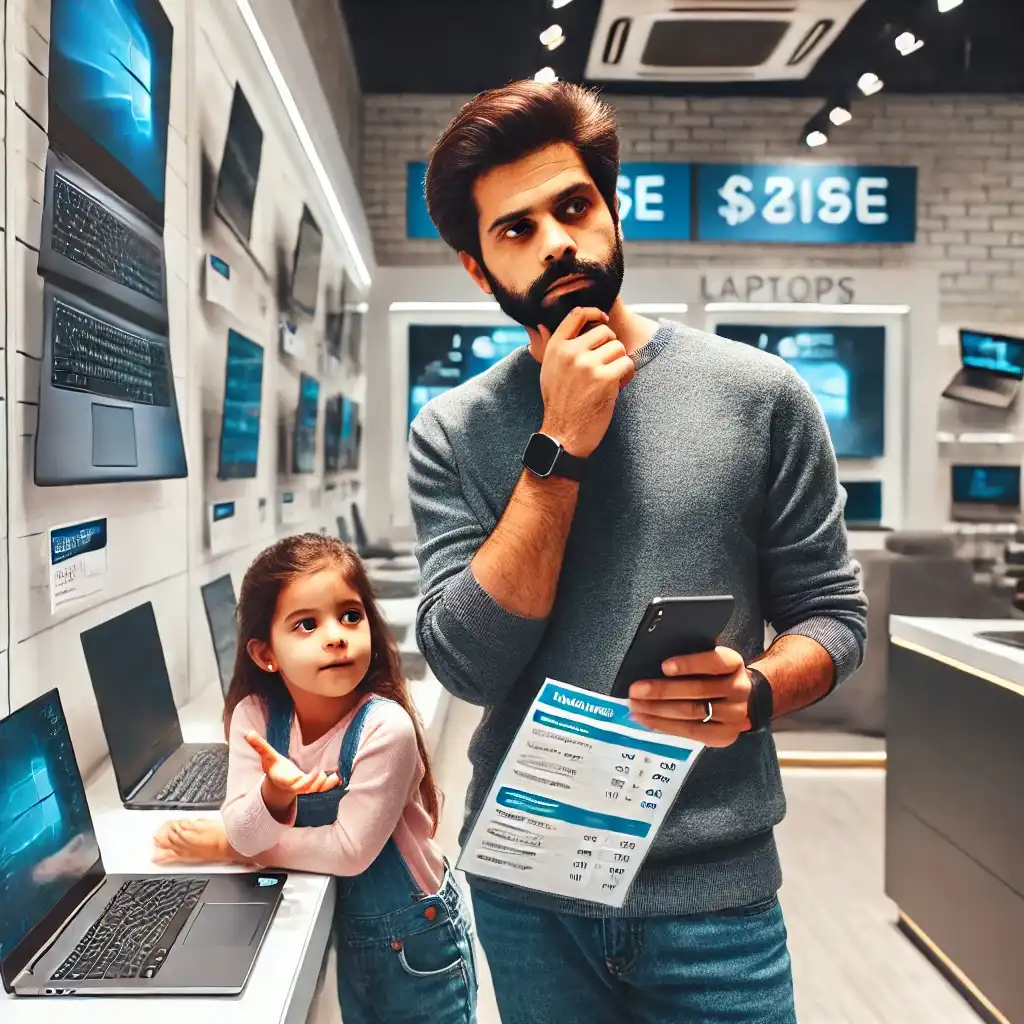 a father and daughter checking different laptops in a store