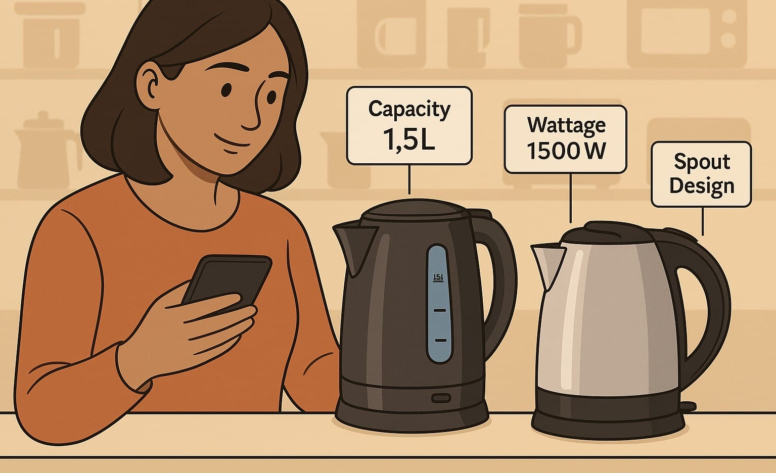 a girl carefully checking essential features of a electric kettle