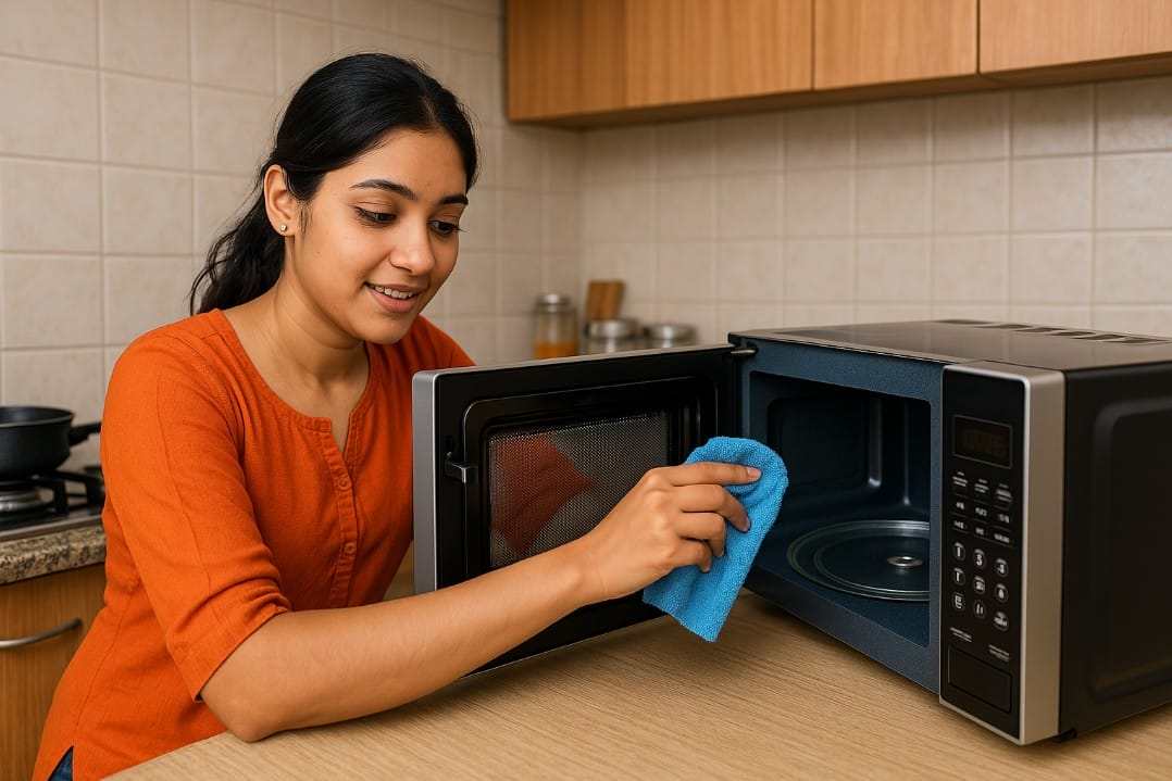 a girl cleaning her microwave oven