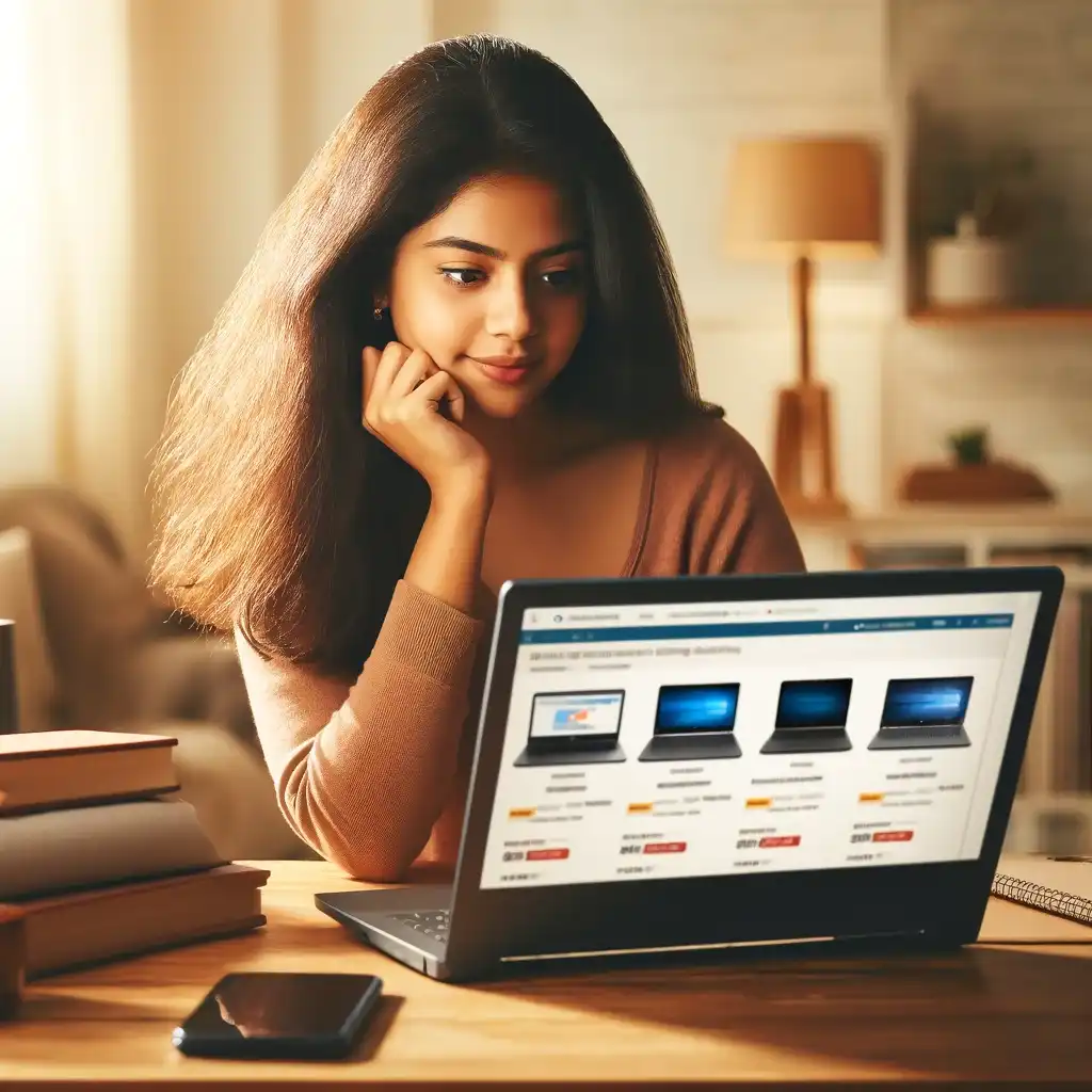 a girl sitting at a desk, checking a laptop buying guide on her screen