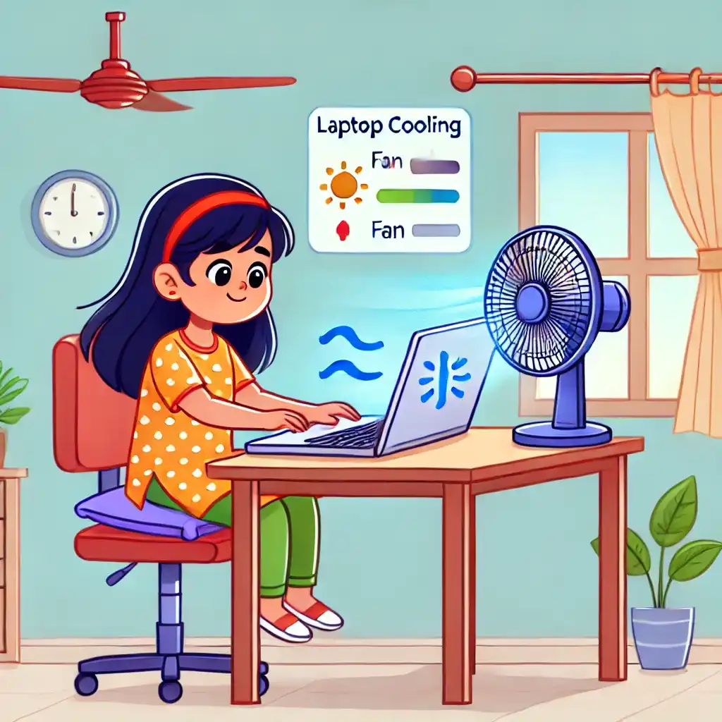 a girl sitting at a desk, using a laptop cooling pad