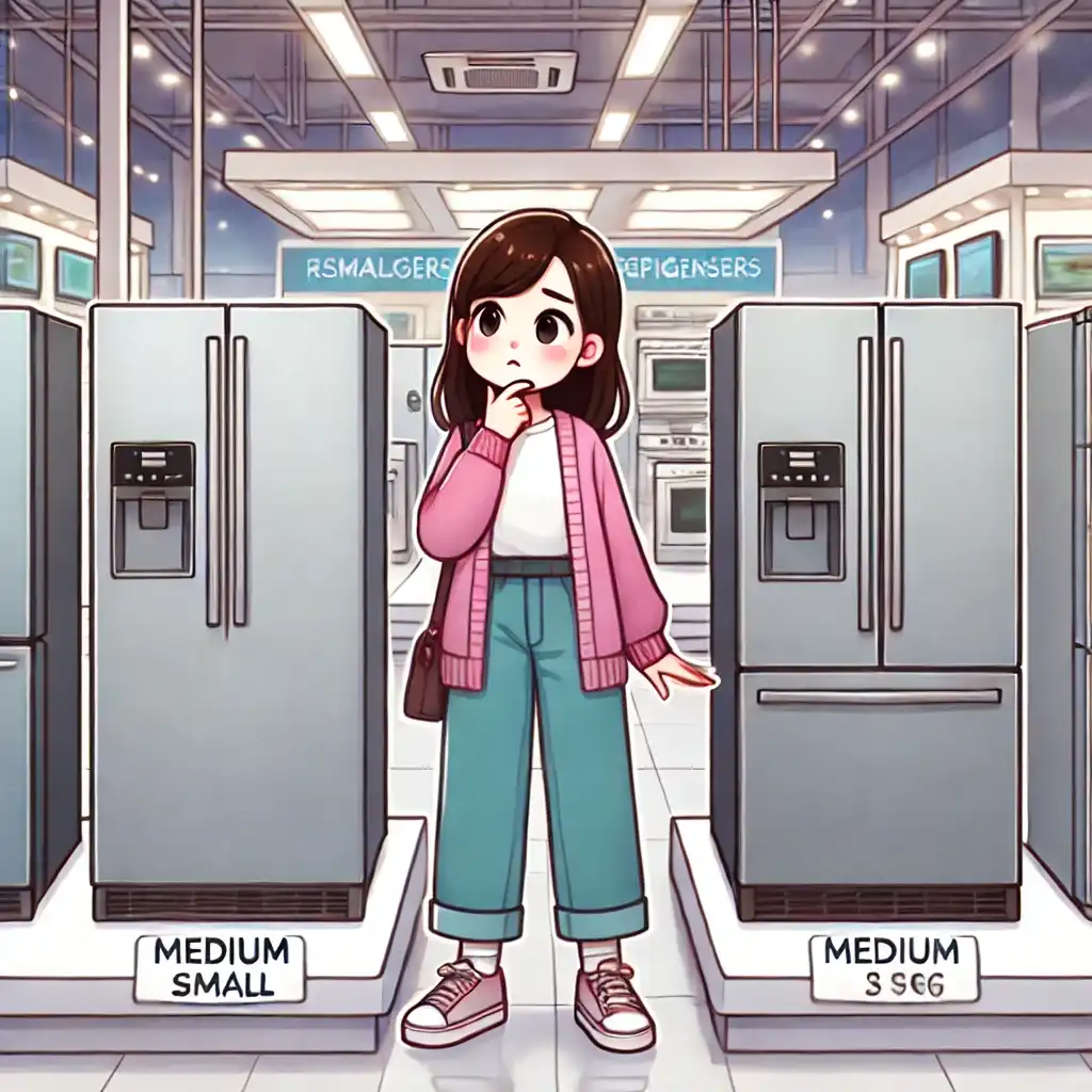 a girl standing in an appliance store, choosing between three refrigerators of different sizes