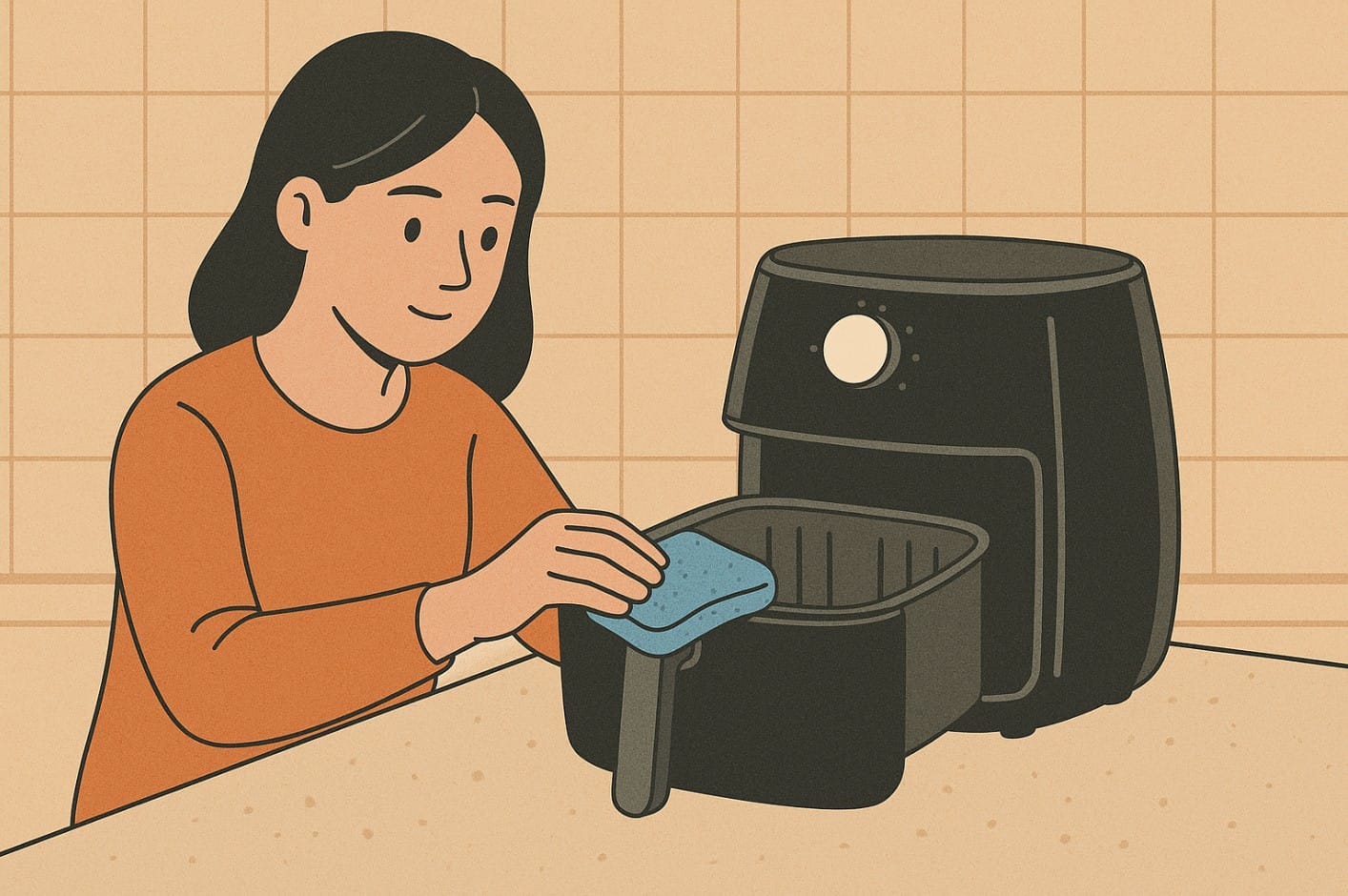 a lady carefully cleaning a air fryer basket