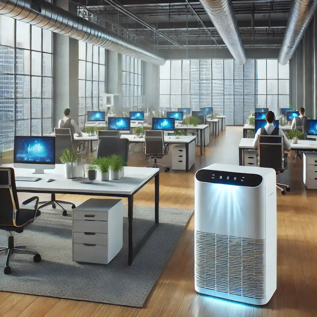 a large IT office in India with an air purifier running