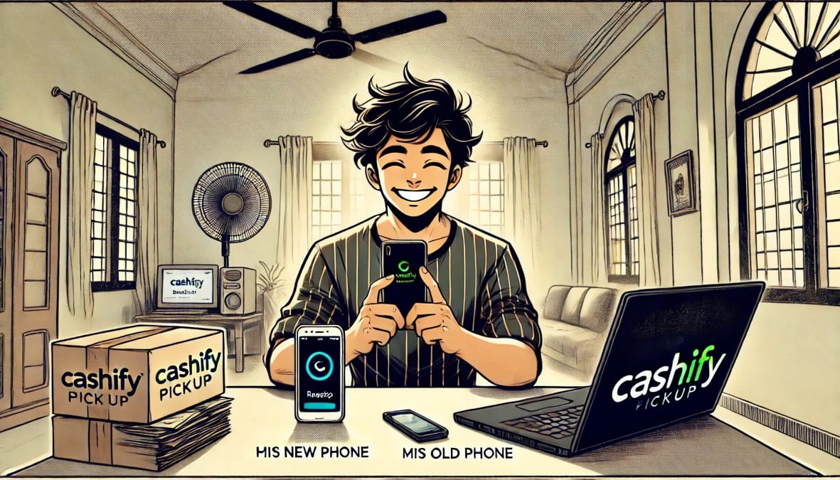 a man sitting at a table with two smartphones his new phone and his old one.