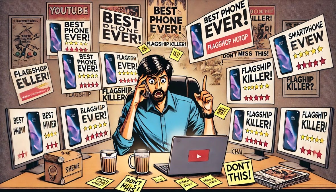 a man watching multiple flashy smartphone review videos on YouTube.