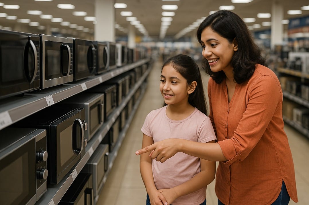 a mother daughter in electronic shop looking for microwave oven