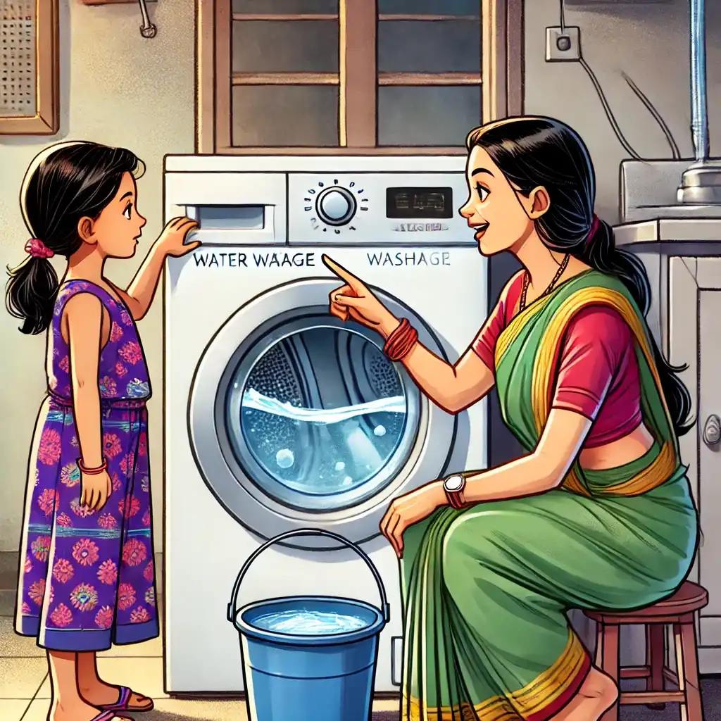 a mother teaching her young daughter about water wastage in washing machines