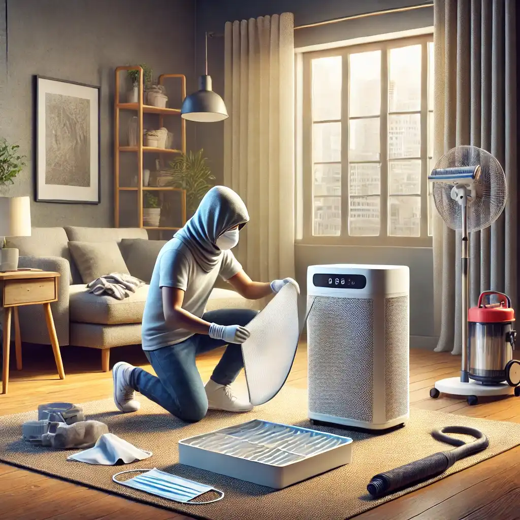 a person is cleaning an air purifier