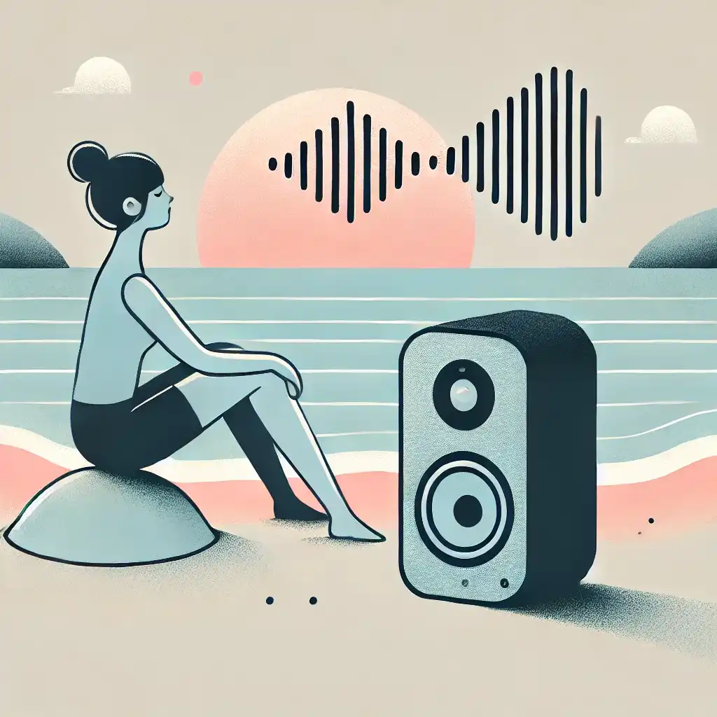 a person sitting on a beach, listening to music from a high-bass portable speaker