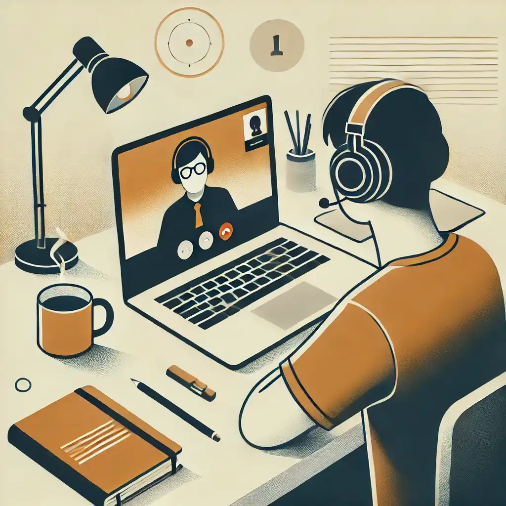 a person working from home, wearing headphones, engaged in a video conference on a laptop