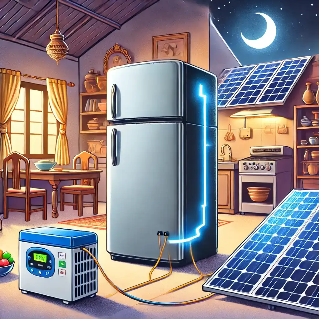 a refrigerator in an Indian home running on solar power during a power cut