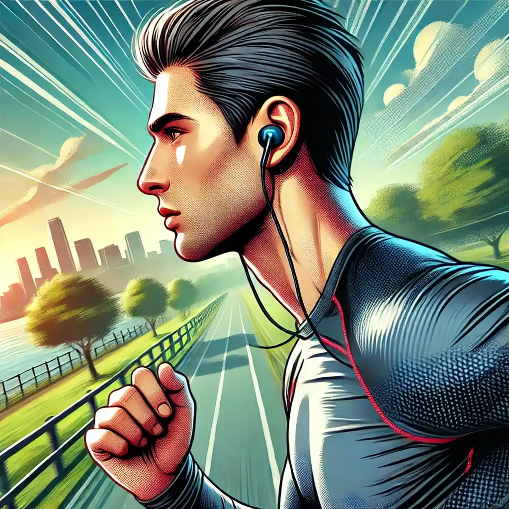 a runner wearing sweatproof sports earphones while jogging outdoors