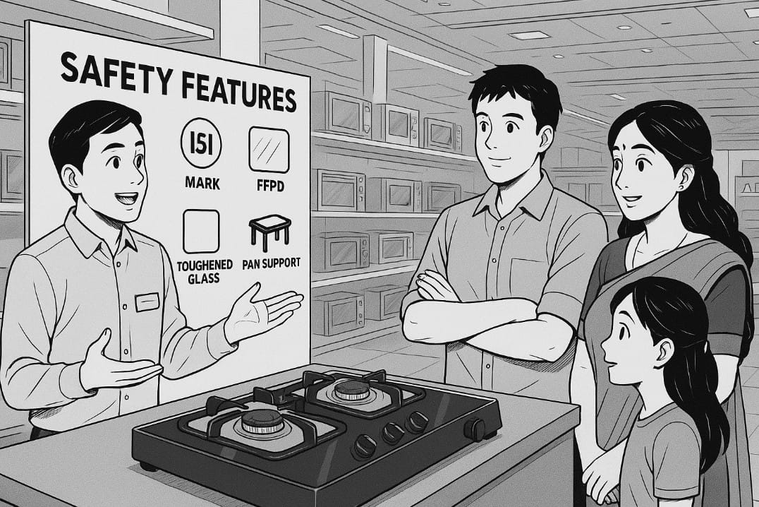 a salesperson explaining saftery features of a gas stove