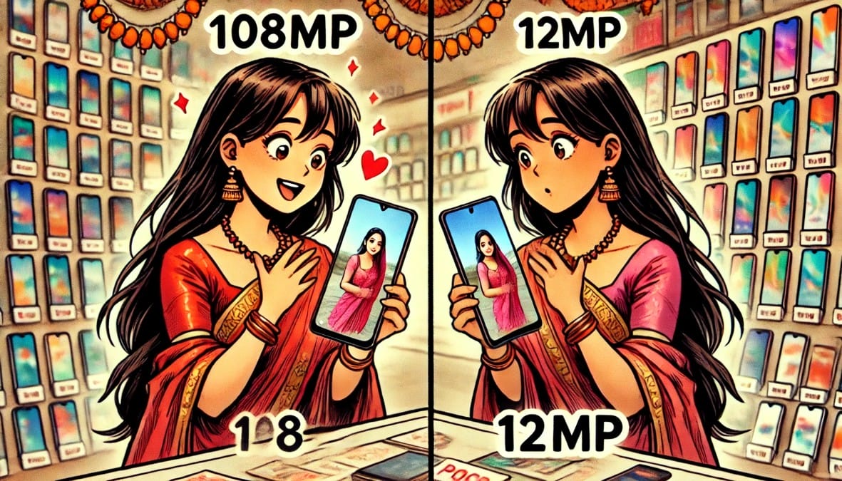 a woman comparing two smartphones in a mobile store. One phone has a 108MP other has 12MP