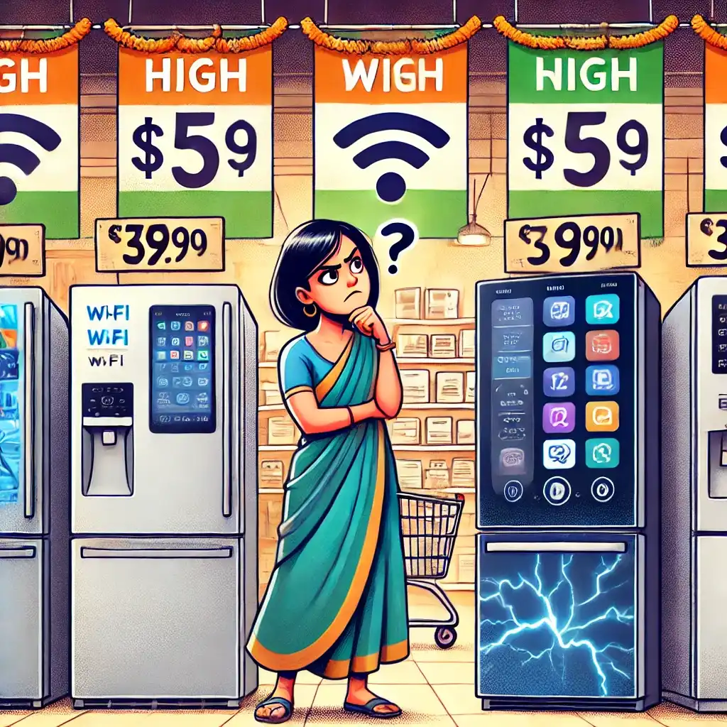 a woman in a appliance store, looking frustrated as she checks the high price tags of smart refrigerators