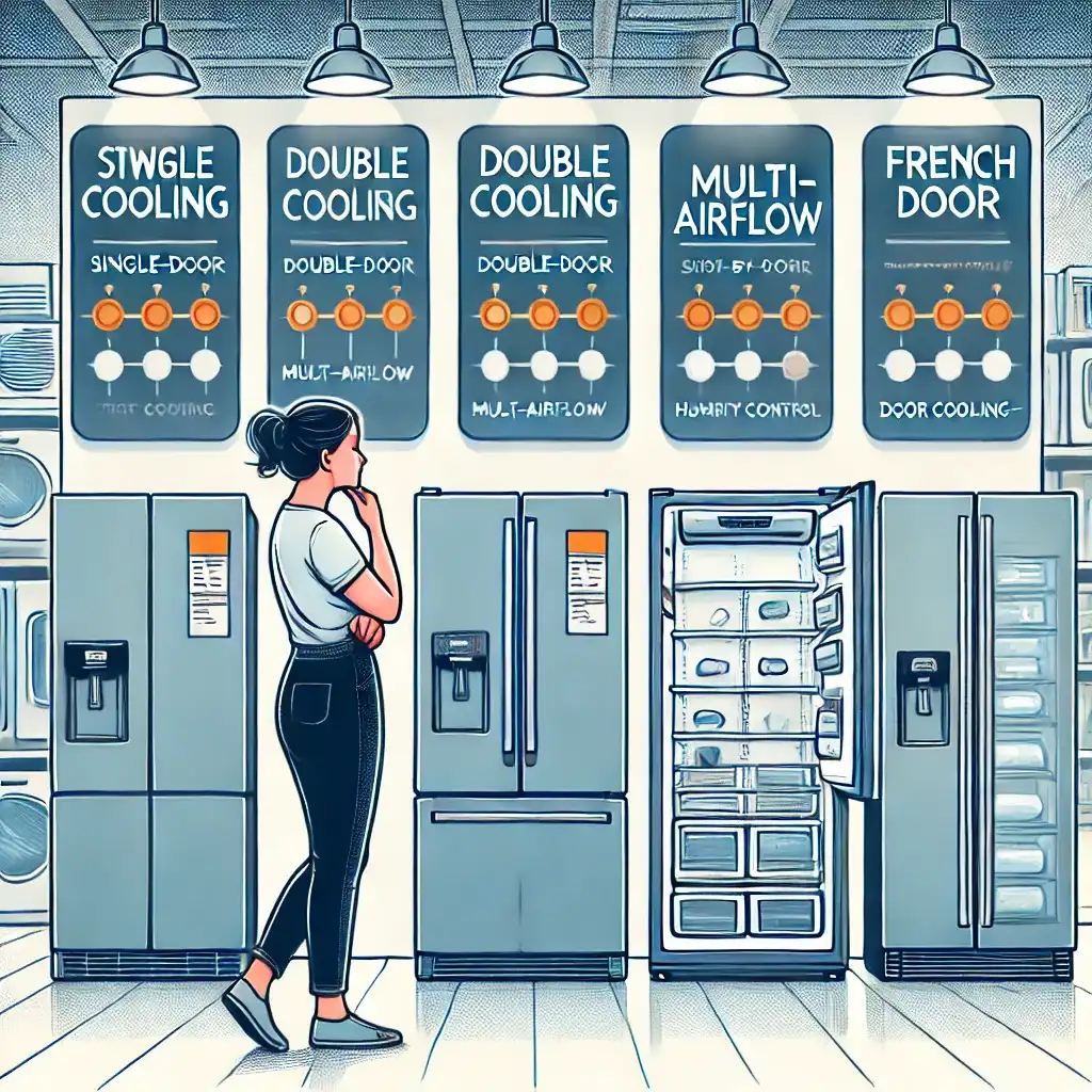 a woman in an appliance store, comparing different types of refrigerators