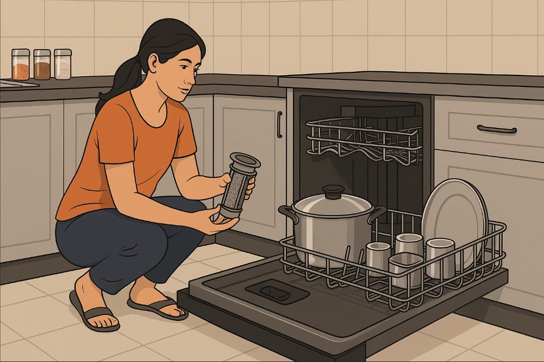 a woman placing utensils in dishwasher tray