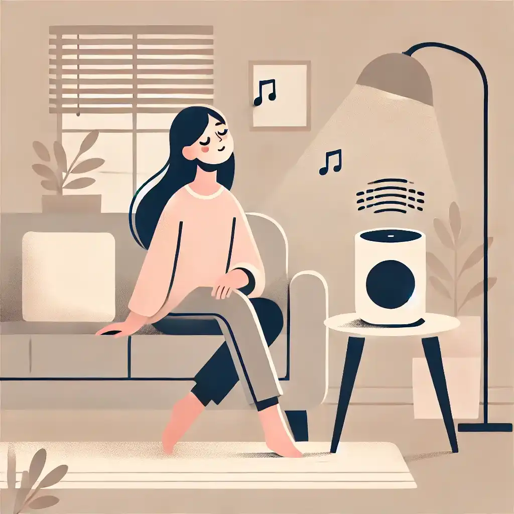 a woman sitting in a cozy home setting, listening to music from a speaker