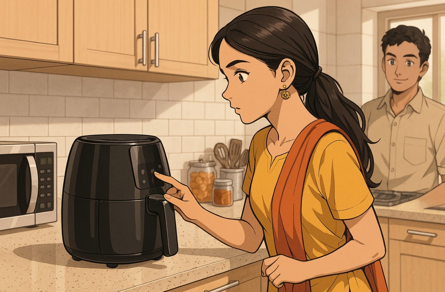 a woman using a basket type air fryer