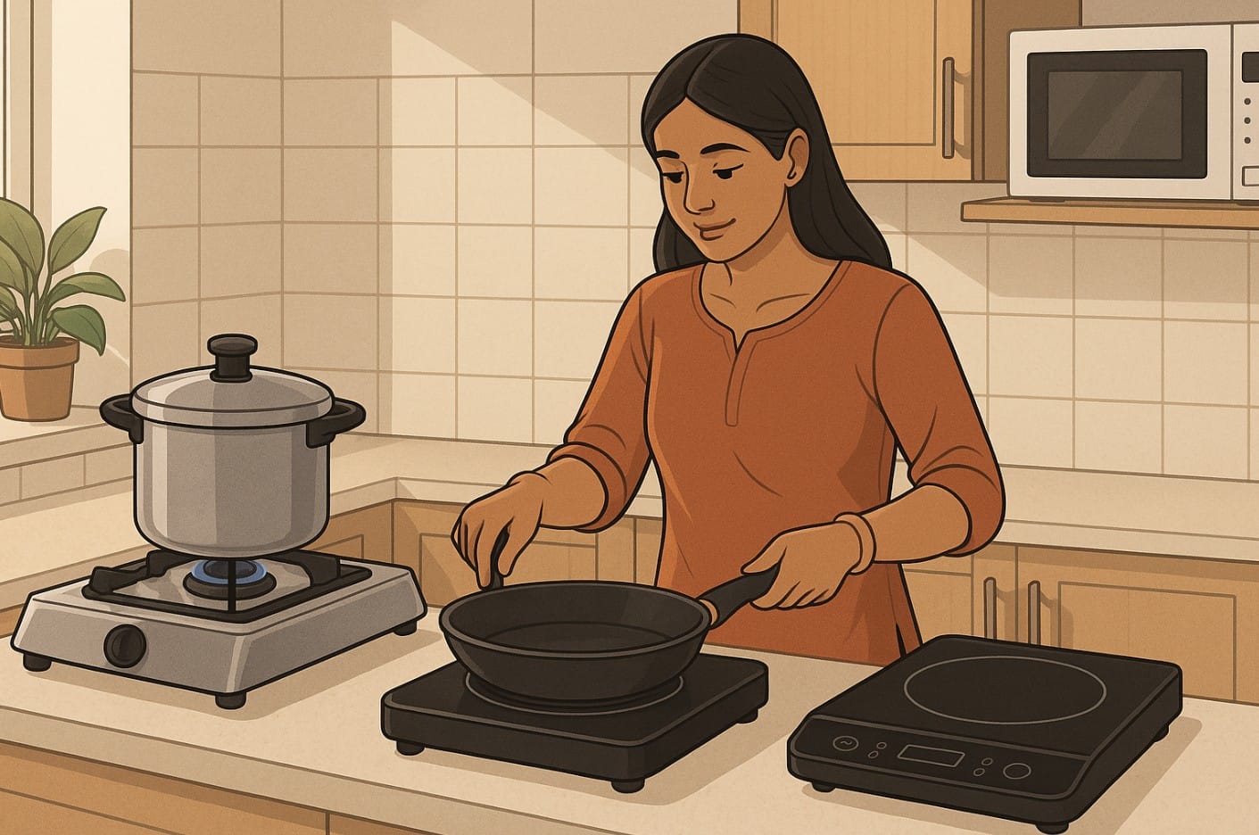 a woman using induction cooktop and gas stove side by side