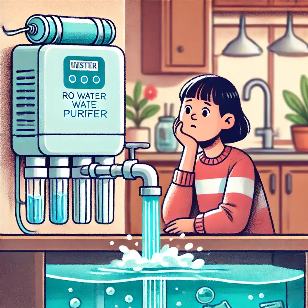 a young girl, looking concerned as she notices excess water being wasted from an RO water purifier