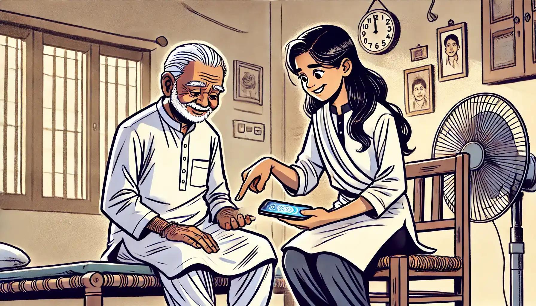 a young girl teaching her grandfather how to use a smartphone.