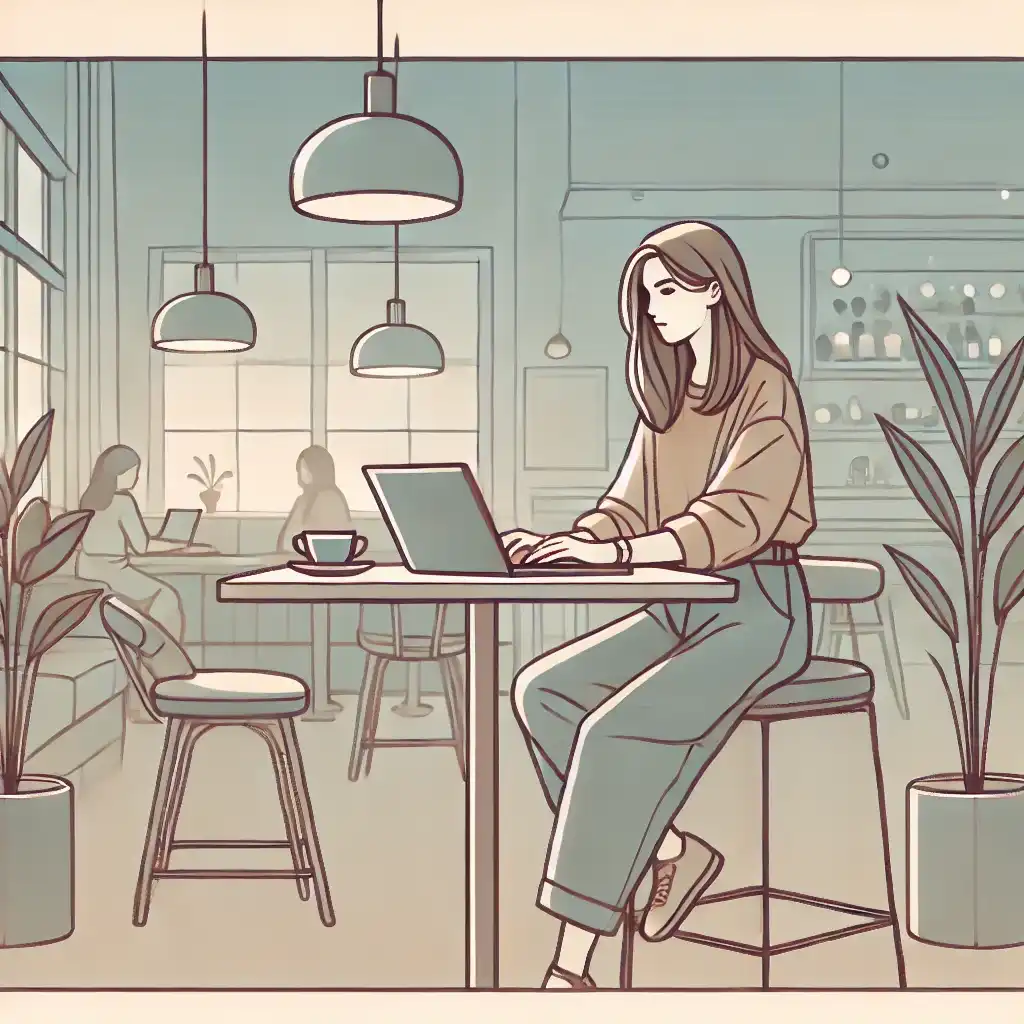 a young woman working on her laptop in a cozy cafe engaged in freelancing