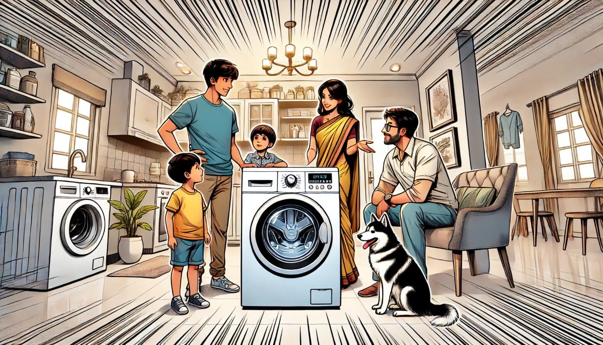 an Indian family in their home with their pets near washing machine
