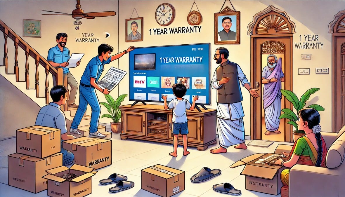 an Indian family receiving their new smart TV at home, a delivery technician is setting it up on the wall