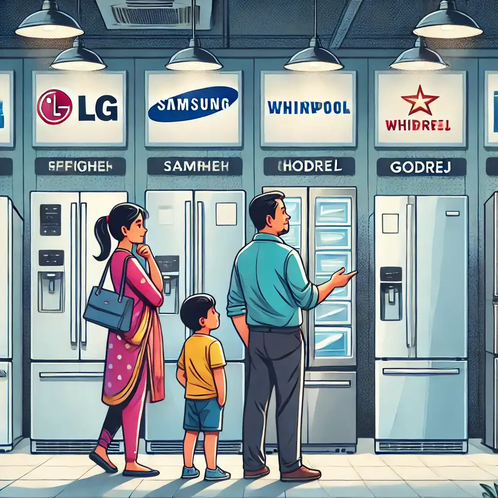 an Indian family, standing in an appliance store, looking at different brands of refrigerators