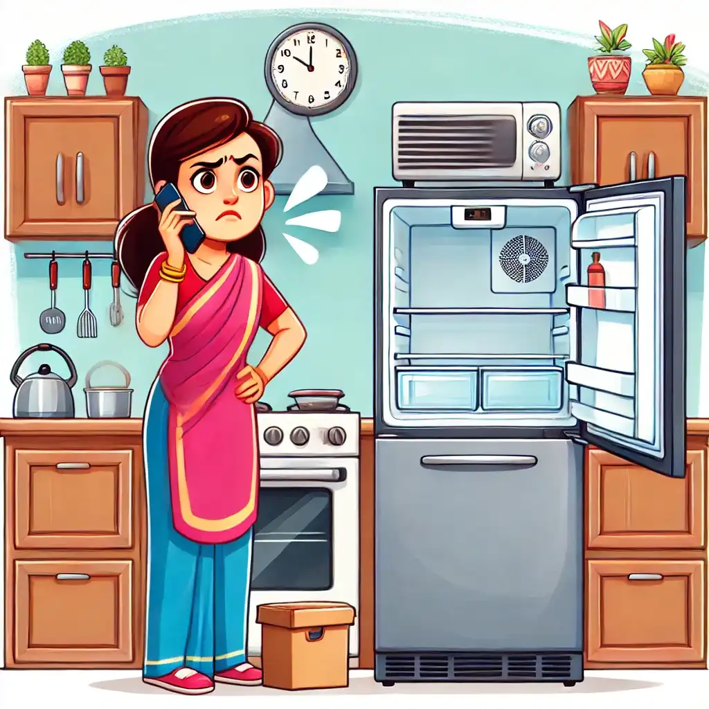 an Indian woman in her kitchen, looking worried while making a phone call to a technician for refrigerator repair.