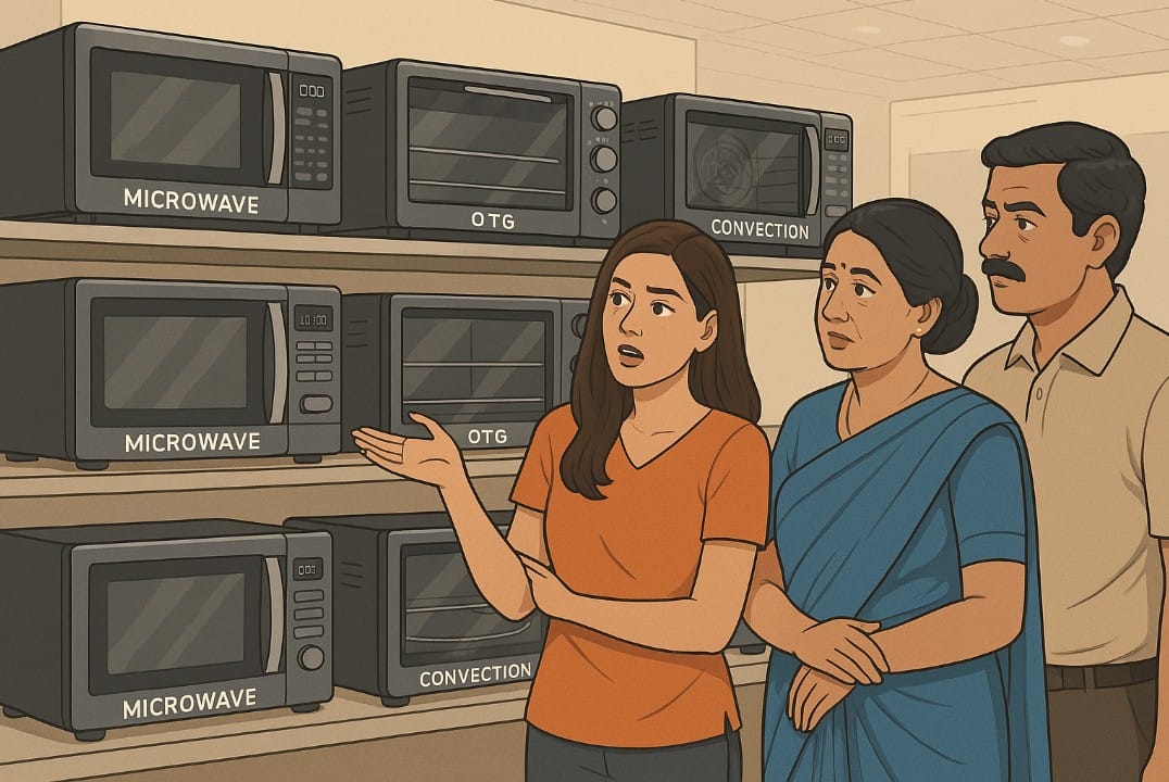 an indian family in store comparing oven otg