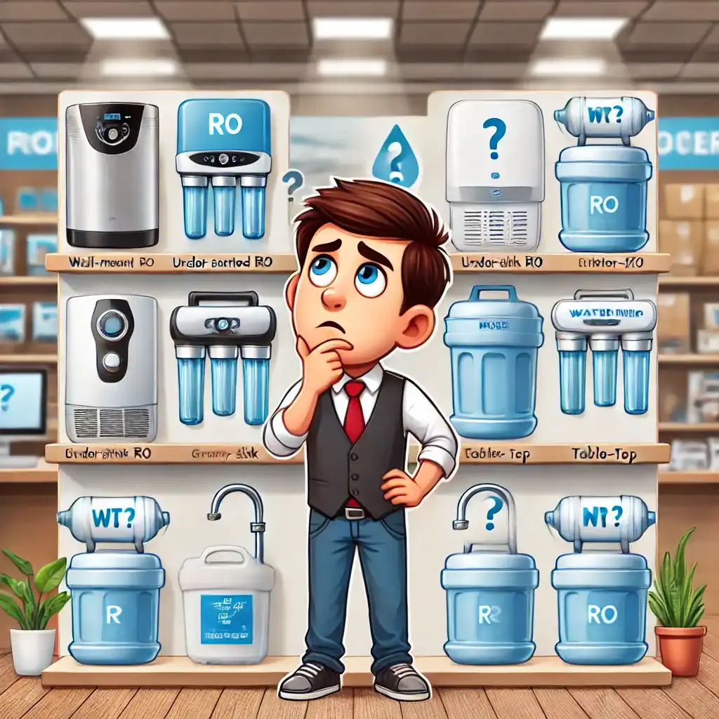buyer standing in a home appliance store, looking at different types of water purifiers