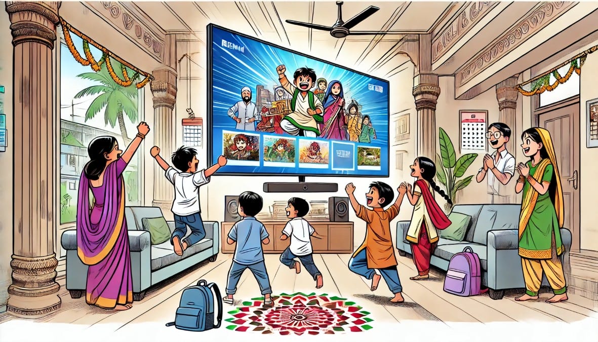 kids in a living room, excited and celebrating a brand new large TV